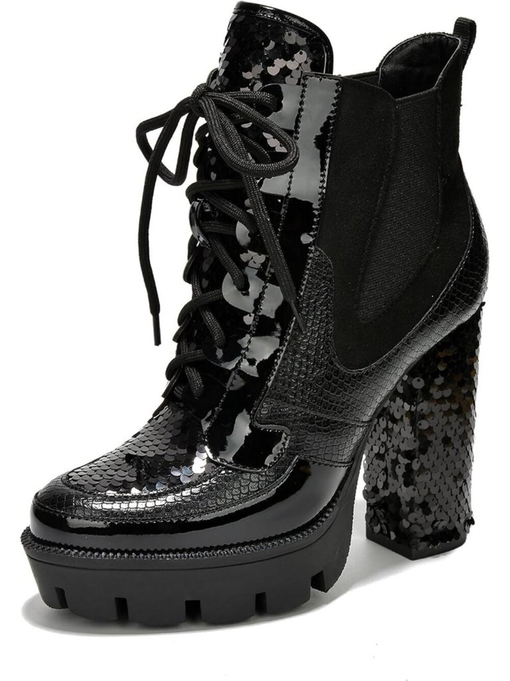 Women's Black Polyurethane (PU) Sparkly Sequin Chelsea Heeled Boots
